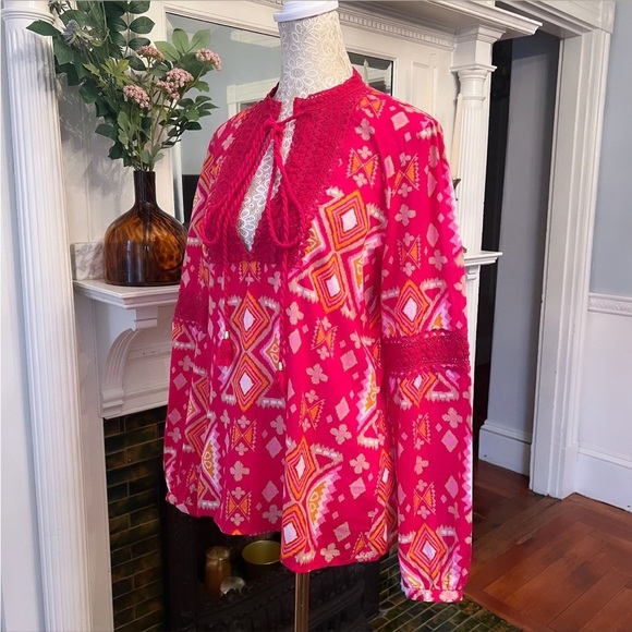 TORY BURCH 100% Cotton Pink & Orange Crotchet/Tassel Longsleeve Tunic Top Sz 6 - Picture 6 of 13